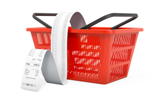 有长收据的购物篮。3D渲染孤立的白色背景图片下载