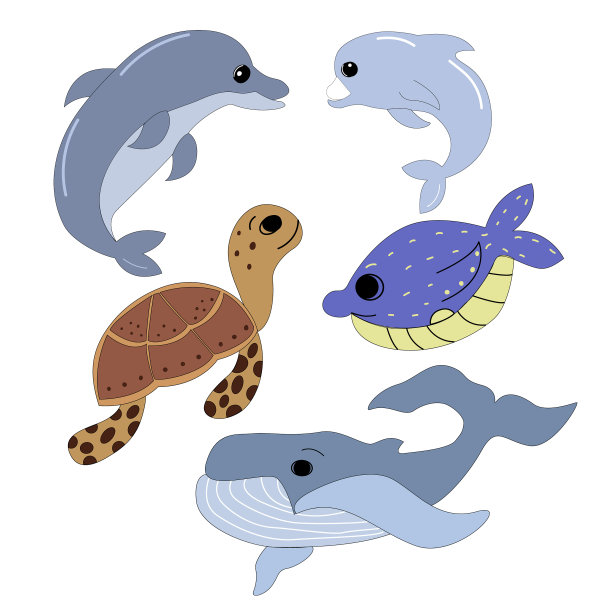 Set孤立的海洋动物鲸鱼，海豚，海龟图片下载