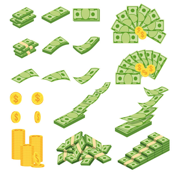 设定各种种类的钱平面卡通图片下载