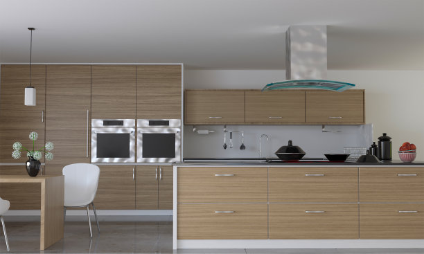 新的木质厨房橱柜内部的3d渲染图片下载