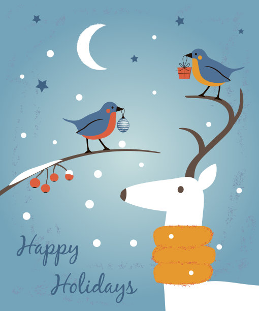 节日快乐，有鸟和鹿的复古卡片图片下载