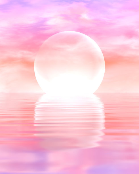 未来主义的海景粉色霓虹天空和海上日落，抽象的大太阳和水面背景，宁静的概念。3 d渲染。图片下载