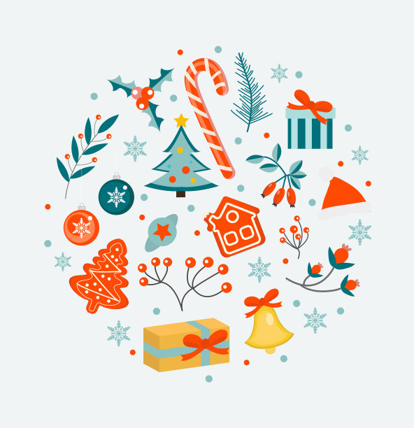 圣诞节冬季元素合集：冬青、一品红、冷杉枝、松树、铃铛、礼物、圣诞帽圆形设计矢量素材图片下载