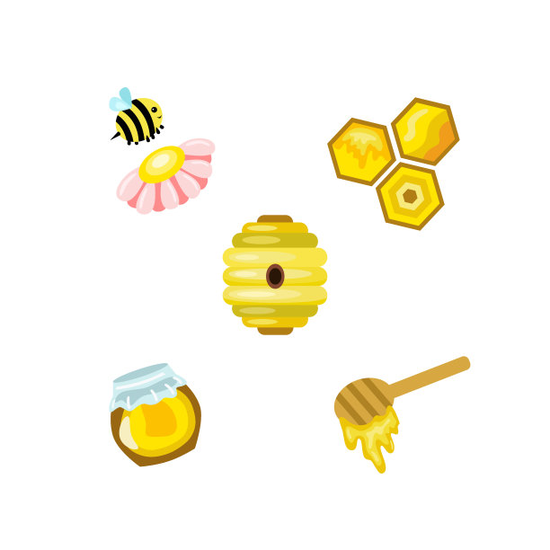 设置蜂蜜(蜜蜂，花，蜂窝，蜂窝，蜂蜜罐，蜂蜜勺)。矢量插图。图片下载