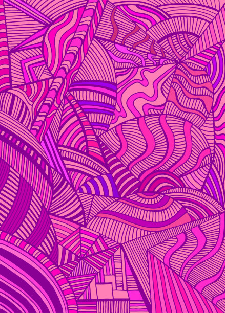 色彩丰富的抽象装饰背景与几何图形，有许多详细的图案，桃红色的颜色。装饰亮丽的迷幻卡片。矢量手绘插图与三角形和椭圆形式。图片下载