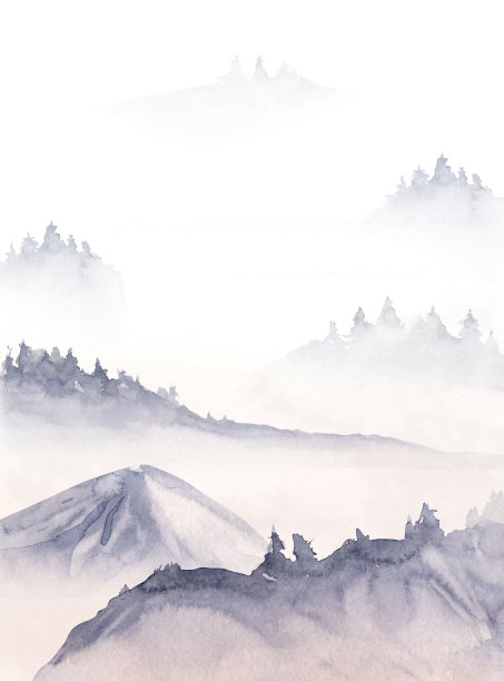 水彩冬季景观与冷杉森林的山。圣诞和新年的设计。雪树婚礼和请柬。假期心情图片下载