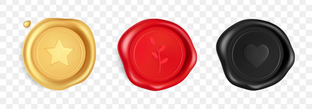 蜡封印与心，枝和星隔离在透明的背景。为明信片和婚礼请柬颁发皇家黑色邮票。现实的三维向量图片下载