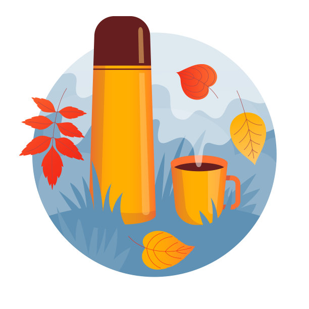 一个保温杯和一个装满热饮的杯子正站在被秋叶包围的草地上，杯子上面有蒸汽。图片下载