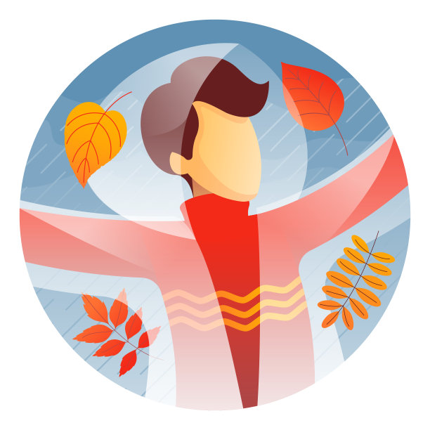 一个年轻人穿着一件透明的雨衣，走在秋叶包围在一个雨天。图片下载