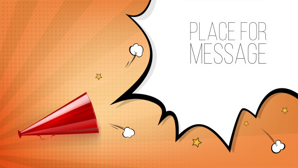 红色老扬声器波普艺术风格的半色调背景。语音泡泡从扩音器里飞了出来。向量3 d演示。图片下载