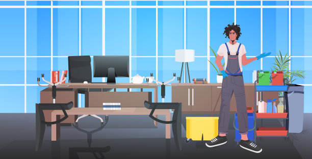 专业清洁男清洁工清洁消毒地板，预防冠状病毒大流行图片下载