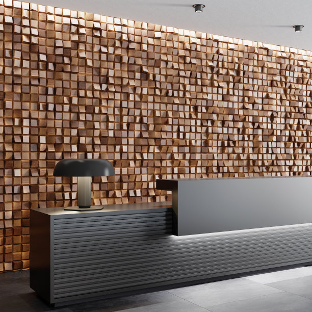 现代简约主义办公室大堂内部，配有带木立方体背景墙的黑色长接待台图片下载