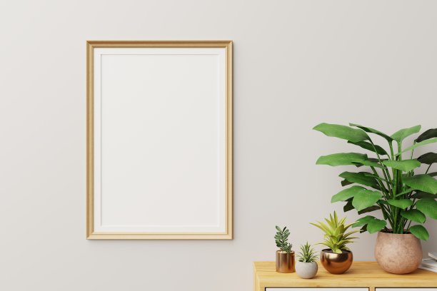 画框和海报模拟客厅。北欧室内。3d渲染，3d插图图片下载