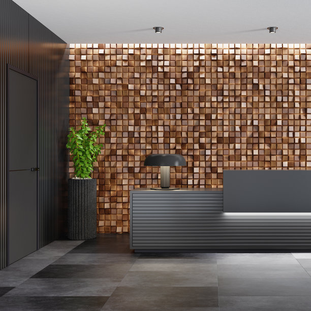 现代简约主义办公室大堂内部，配有带木立方体背景墙的黑色长接待台图片下载