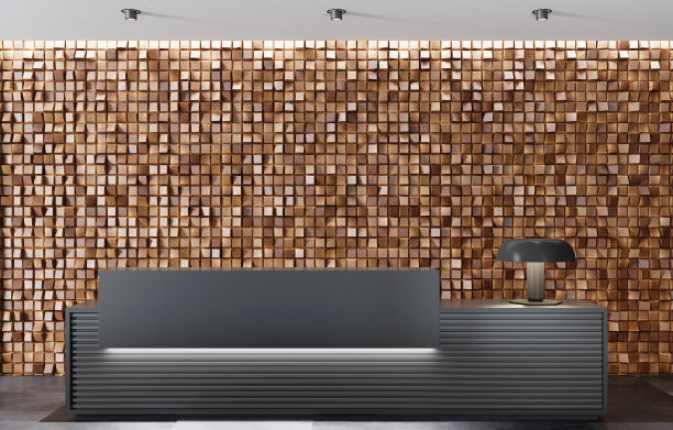 现代简约主义办公室大堂内部，配有带木立方体背景墙的黑色长接待台图片下载