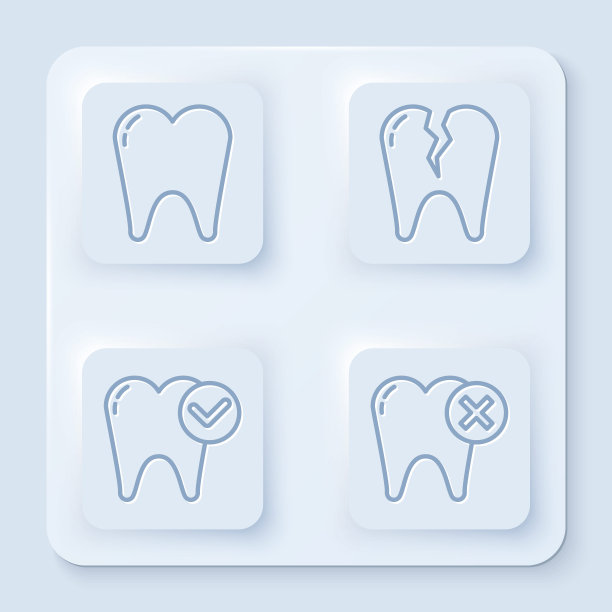 设线牙、断牙、美白概念牙和龋齿。白色正方形按钮。向量图片下载
