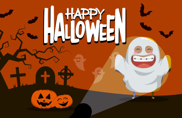 万圣节幽灵人物矢量背景设计。快乐的万圣节文字与可爱的幽灵在恐怖的墓地剪影背景为恶作剧或款待设计。图片下载