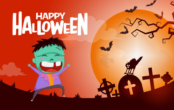万圣节僵尸角色矢量背景概念。万圣节短信与僵尸怪物的角色在令人毛骨悚然的墓地背景。图片下载