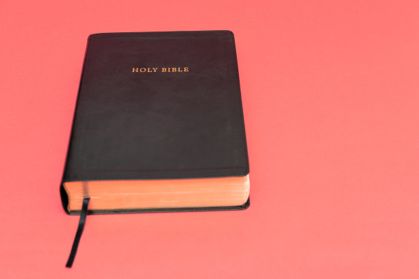 神圣的圣经，上帝的话语。孤立在红色背景上。前视图。本空间图片下载