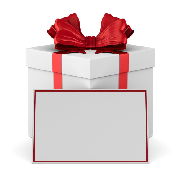 白色盒子与红色蝴蝶结和标签在白色背景。孤立的3 d演示图片下载