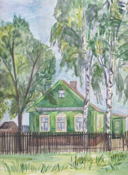 景观与村庄的房子，桦树和篱笆。农村。水彩插图。手绘图片下载