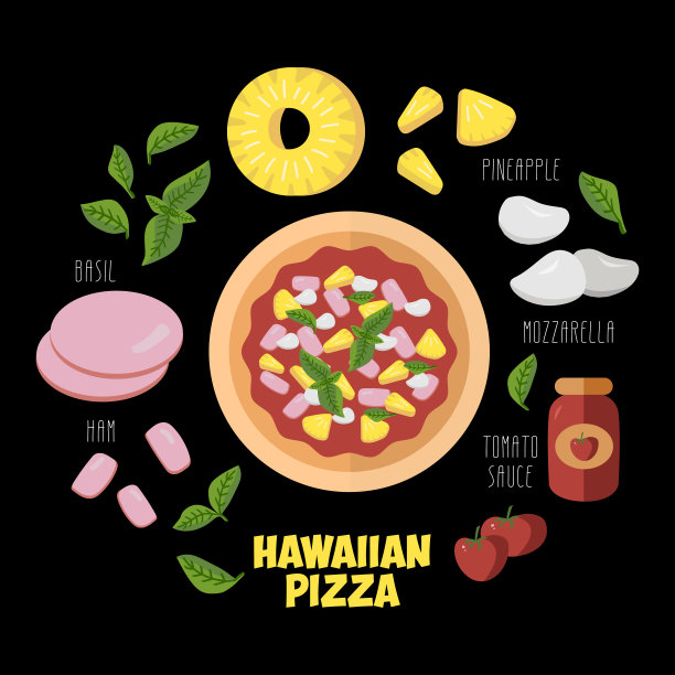 夏威夷披萨食谱。火腿切片，罗勒，菠萝，番茄酱，马苏里拉奶酪。俯视图意大利披萨。矢量设置烹饪书，披萨菜单。图片下载