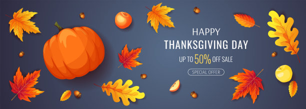 感恩节快乐促销横幅或背景与南瓜，秋叶，苹果。图片下载