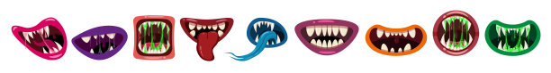 万圣节集怪兽之口恐怖恐怖。滑稽的下巴，牙齿，舌头，生物表情，怪物，恐怖，唾液，粘液。矢量孤立插图卡通风格图片下载