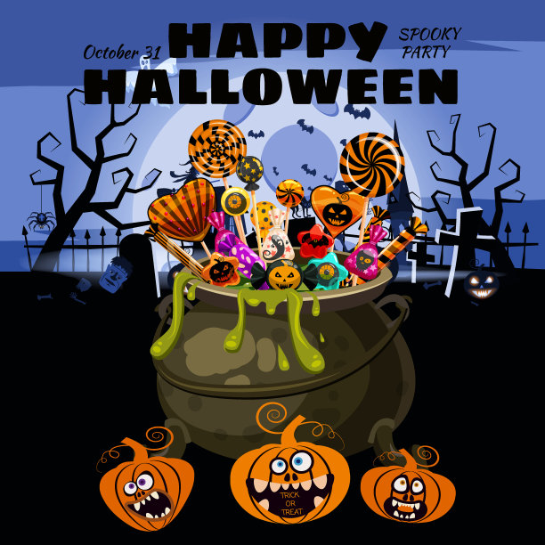 你好万圣节大锅装满了糖果和糖果。秋天十月节日黑暗墓地传统庆祝横幅海报模板派对。矢量插图孤立图片下载