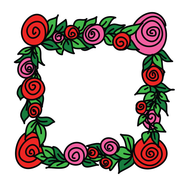 方形框架与圆形风格的花，一个花环的红玫瑰花与绿色的叶子。简单的平面插图与描边，孤立图片下载
