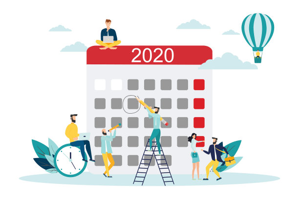 矢量插图。小人角色在平板电脑上制作在线日程表。设计商业图形任务安排在一个星期-矢量-矢量插图图片下载