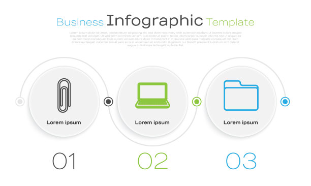 设置线回形针，笔记本电脑和文件文件夹。业务信息模板。向量图片下载