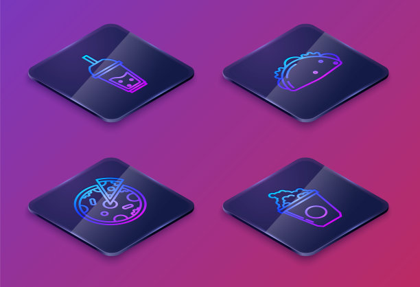 设置等角线柠檬水与饮用吸管，披萨，墨西哥玉米卷玉米饼和爆米花纸盒。蓝色方块按钮。向量图片下载