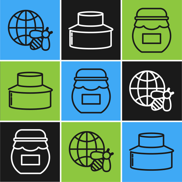 设置行蜂巢地图的世界和蜜蜂，罐子的蜂蜜和养蜂人与保护帽子图标。向量图片下载