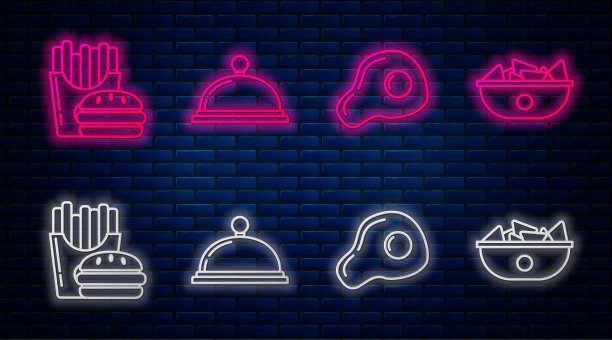 一盘食物，炒鸡蛋，汉堡和炸薯条在纸盒和烤玉米片在盘子里。砖墙上发光的霓虹灯图标。向量图片下载