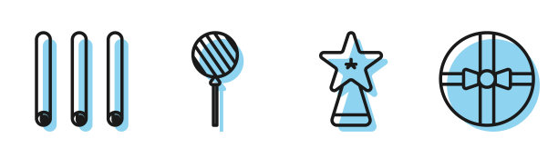 设定线圣诞星，三卷肉桂棒，棒棒糖和礼盒图标。向量图片下载