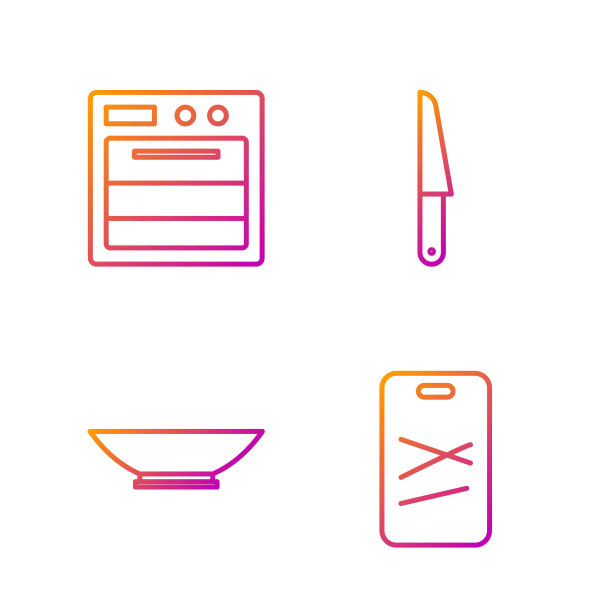 设置线切割板，碗，烤箱和刀。渐变颜色图标。向量图片下载