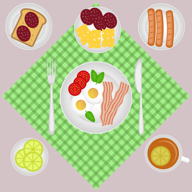 早餐有茶、柠檬、培根和鸡蛋图片下载