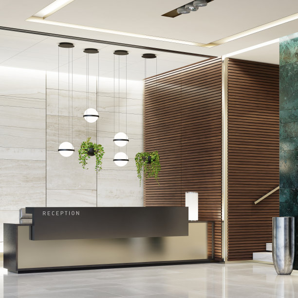 现代办公室大堂内部，配有电梯、楼梯和长接待台图片下载