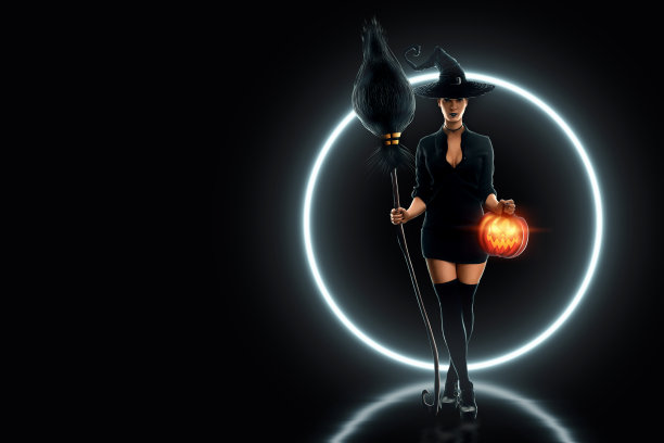 万圣节创意背景：手持扫帚的女巫图片下载