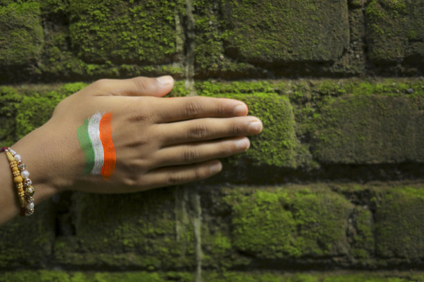 印度孩子的手上和手腕上戴着印度国旗图片下载