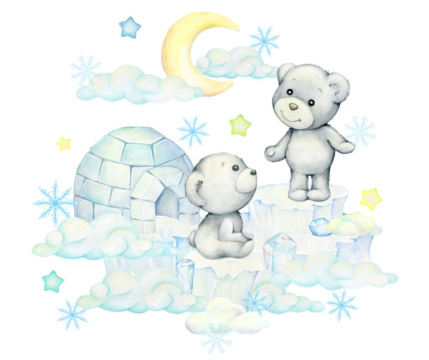 北极熊，在浮冰上，在云里。水彩明信片，在孤立的背景上以卡通风格完成。图片下载