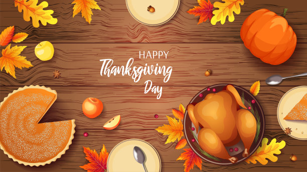 木制背景上挂着烤火鸡、秋叶、南瓜派、苹果和盘子的感恩节快乐横幅。图片下载