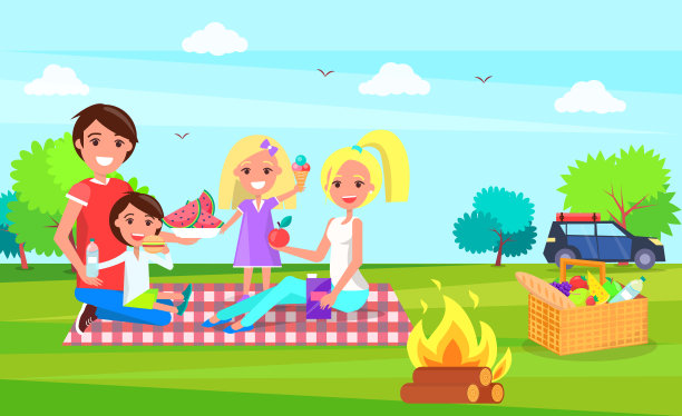 野餐家庭坐在布上吃西瓜图片下载