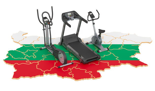 保加利亚的体育俱乐部。保加利亚地图上的健身器材。3D渲染孤立的白色背景图片下载