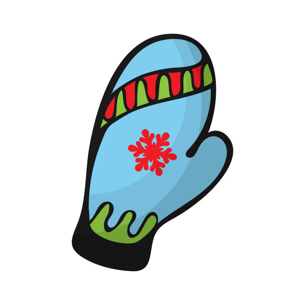 温暖的手套，雪花装饰的彩色图标。平面卡通风格孤立的白色背景。图片下载