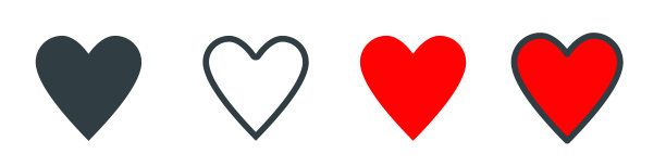 一组矢量平面设计心形图标在黑色和红色。图片下载