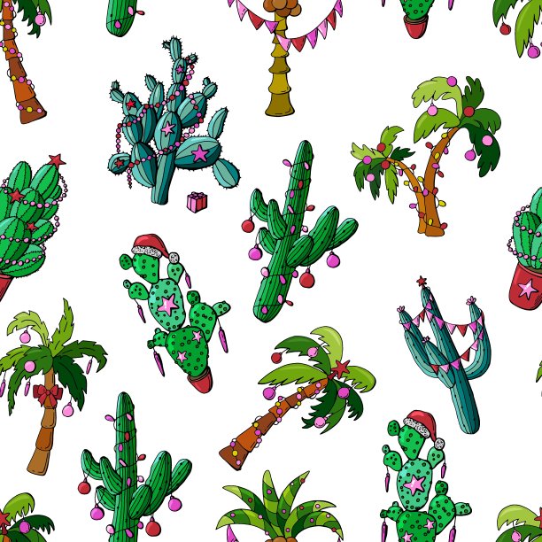 无缝图案的圣诞装饰仙人掌和棕榈树。白色背景隔离。壁纸，包装，织物，纺织品，包装纸的设计。图片下载