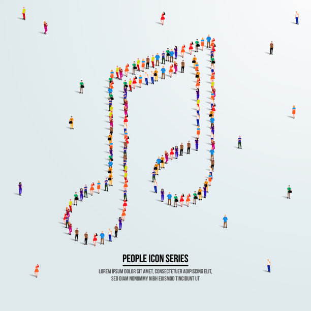 音乐笔记图标或概念。一大群人组成一个形状的音符。矢量插图。图片下载