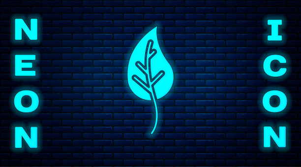 发光的霓虹灯叶子图标孤立在砖墙背景上。叶子的迹象。新鲜天然的产品标志。向量图片下载